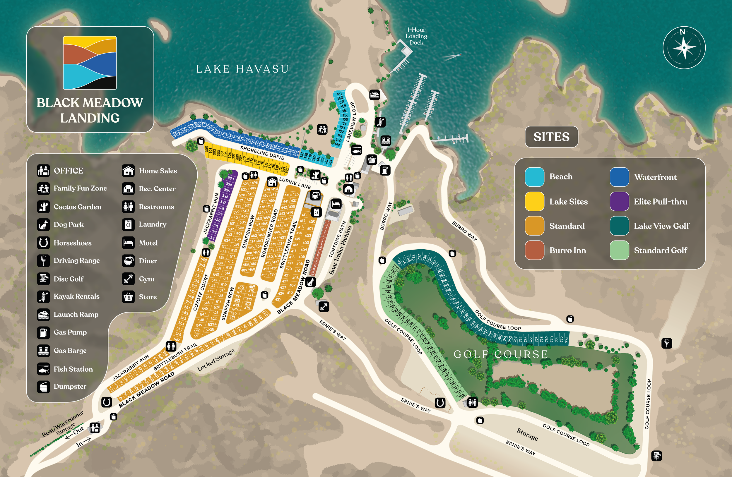 Exploring Black Meadow Landing resort map of beaches<br />
and boat ramps.<br />
